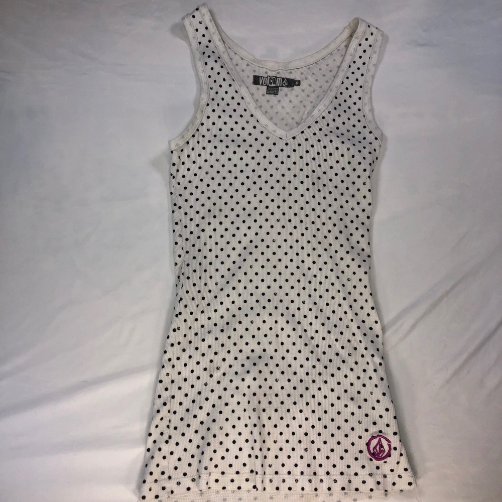 Volcom Womens Ribbed Tank Top White Black Polka Dot V-Neck Pink Logo Small‎